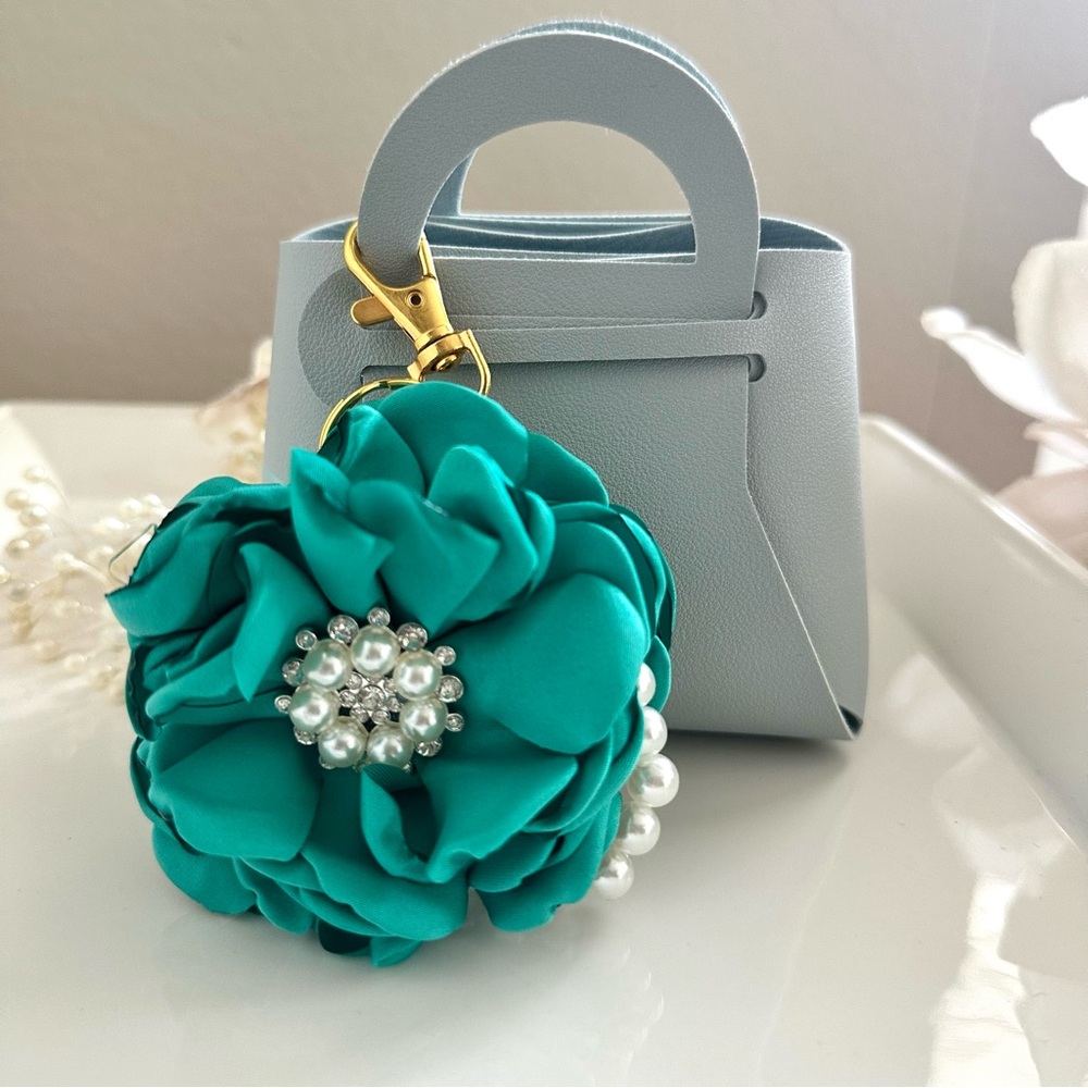Teal Satin Floral Pearl Bag Charm/Keychain